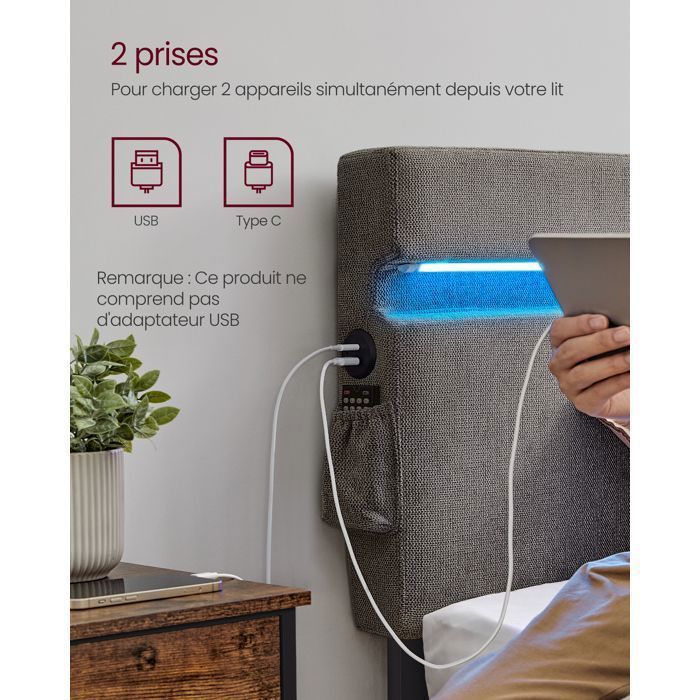 VASAGLE Lit Simple en Métal, 90 x 190 cm, Cadre de Lit, Tête de Lit Réglable, Éclairage LED, Prise Port USB et Type-C, Gris Foncé