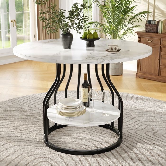 Dining Table with Shelf - MDF - Modern Round Table for Kitchen, Living Room, Dining Room - 80x80x76cm - Black