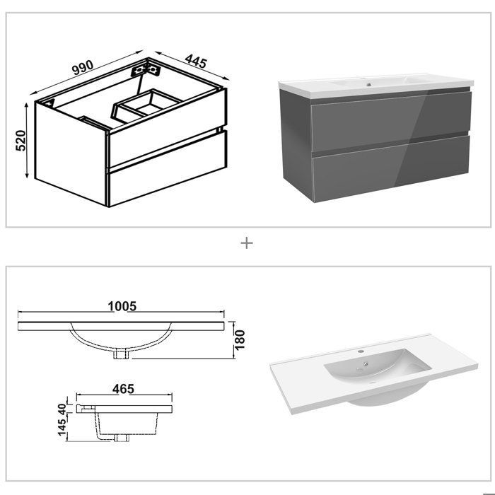 Mueble de baño AICA de 100 cm en color antracita brillante con 2 cajones de cierre suave y un lavabo de cerámica individual.
