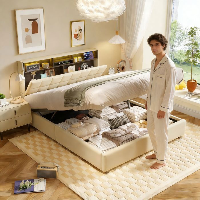 Cama doble moderna de 140 x 190 cm. Estructura de cama, somier de láminas tapizado, cabecero, con LED y USB, cama con espacio de almacenamiento - YubNct