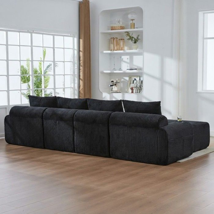 Modular sofa - LANGTU - 4-seater corduroy - Black - 2 ottomans - Cup holder & side pocket