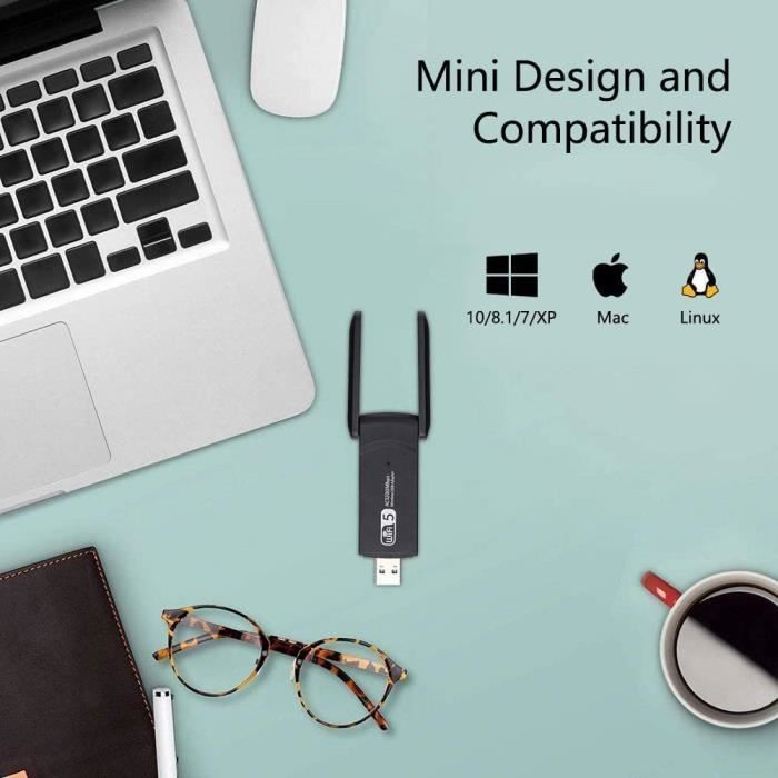DORARA USB 3.0 WiFi Adapter - Dual Band 2.4G/300Mbps + 5.8G/867Mbps - 5dBi Antenna - Black