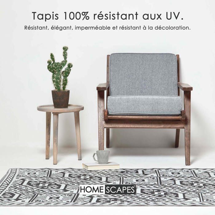 Tapis extérieur jardin imperméable, réversible et résistant UV - Noir et blanc - Géométrique - 182 x 122 cm