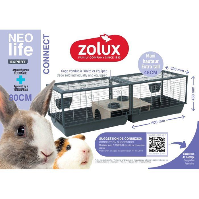 ZOLUX Cage grillagée cochon d'inde et rongeur Néolife - 80 x 52,5 x 48 cm - Gris