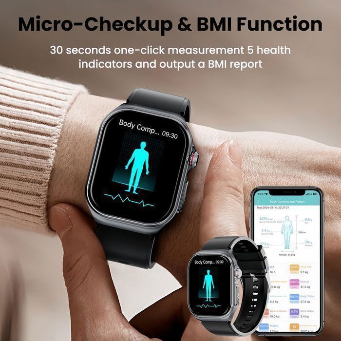 Smartwatch masculino com ECG, monitoramento de frequência cardíaca e índice de massa corporal (IMC), tela AMOLED de 2,04
