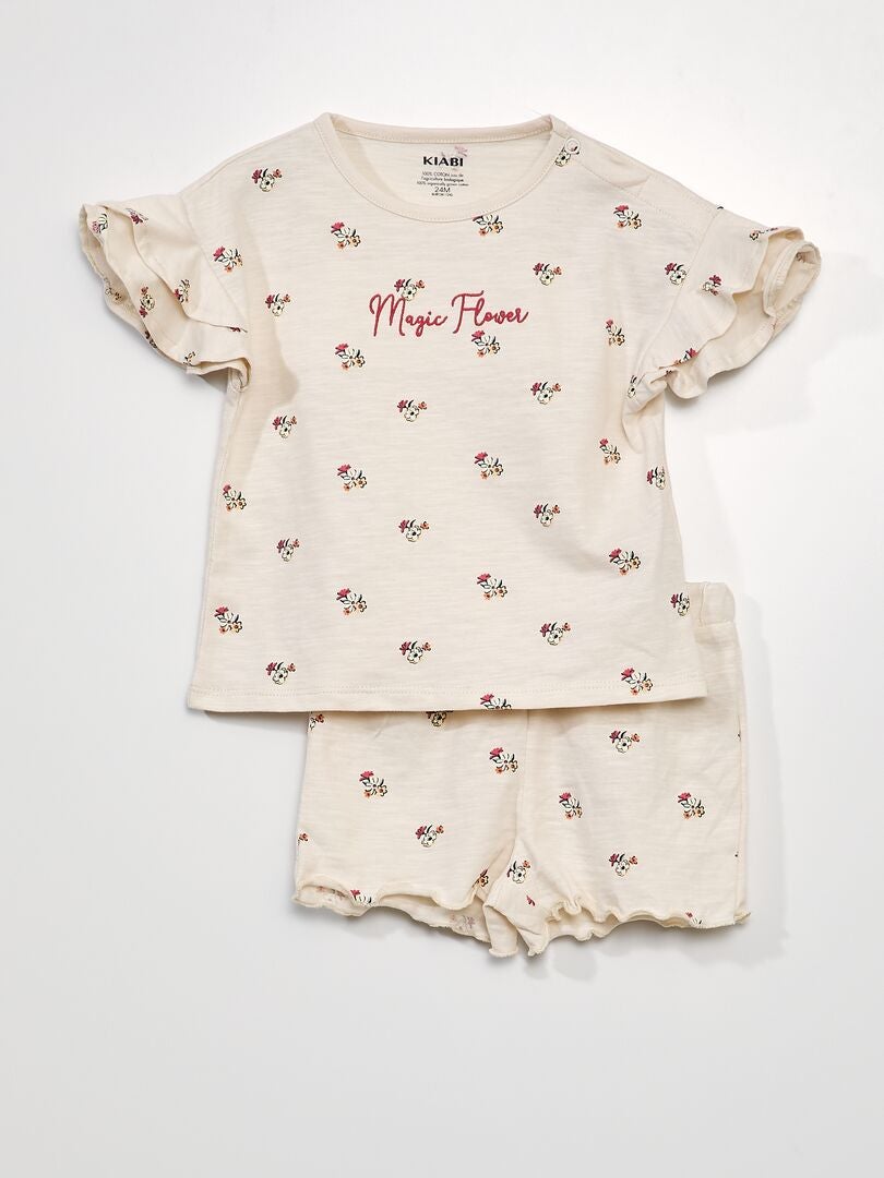 Korte pyjama - Bloemenprint - 2-delig - WIT