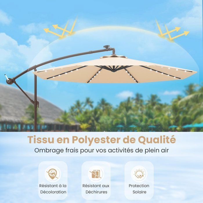 3M Cantilever Parasol - 40 LED-lampjes - COSTWAY - Kruisvoet met zandzak - Beige - UV-bescherming 20+ - Zonnepaneel voor 6 uur