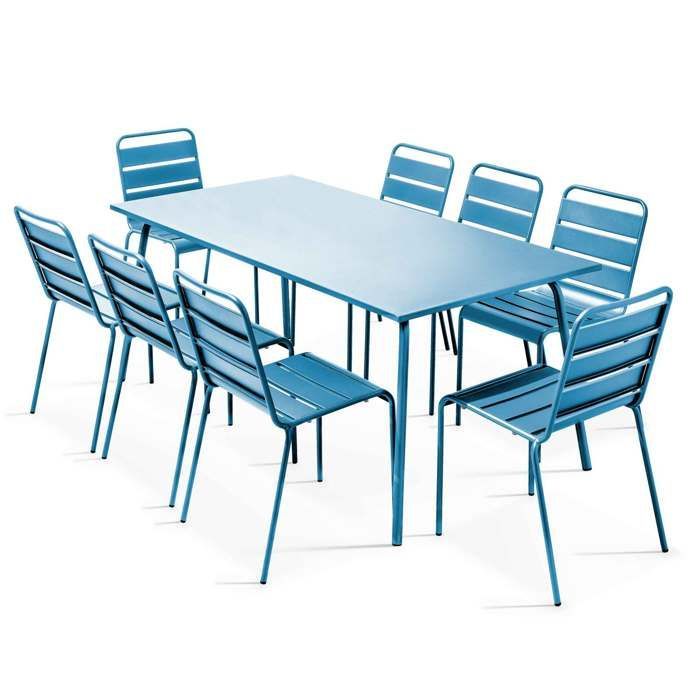 Ensemble table de jardin et 8 chaises en métal bleu pacific  Palavas, Oviala