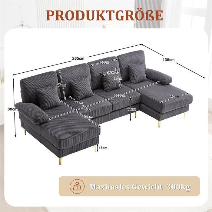 DRIPEX Modernes U-förmiges 4-/5-Sitzer-Sofa mit LED-Stimmungsbeleuchtung und USB-C-Anschluss, inklusive 4 Kissen, Grau