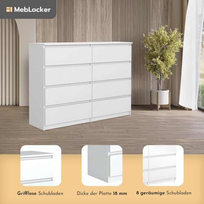 8-drawer chest - Meblocker - 140 cm - Spacious Storage Unit - Living Room, Office, Bedroom & Children's Room - White