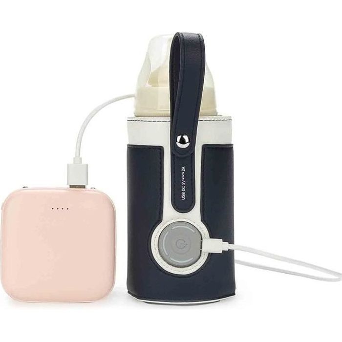 Bolsa calientabiberones portátil de cuero con conexión USB, 3 ajustes de temperatura regulables y termostato para calentar la leche del bebé en casa o en el coche - Negra