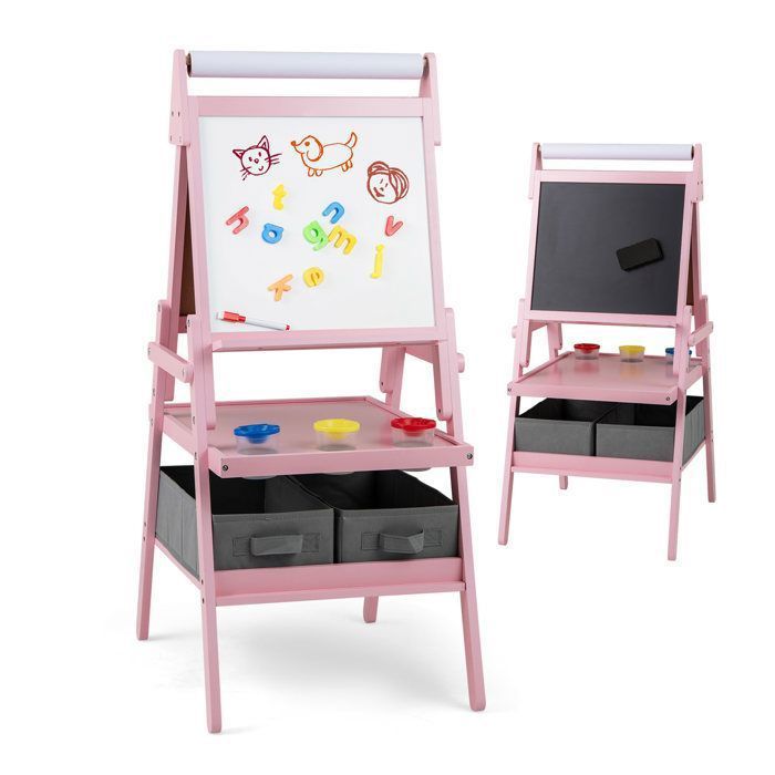 Caballete infantil 3 en 1 - DREAMADE - Caballete infantil de doble cara - Rollo de papel - 3 botes de pintura - 2 cajas de tela - Rosa
