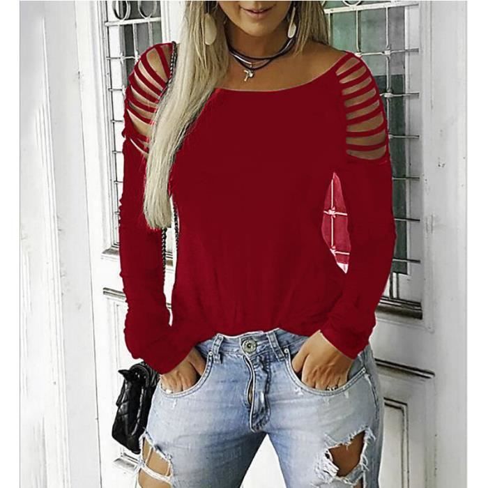 T-shirt Femme Col Rond  baggy à manches longues de Marque sexy T-Shirt Femme Creux Top Blouse Epaule,Rouge