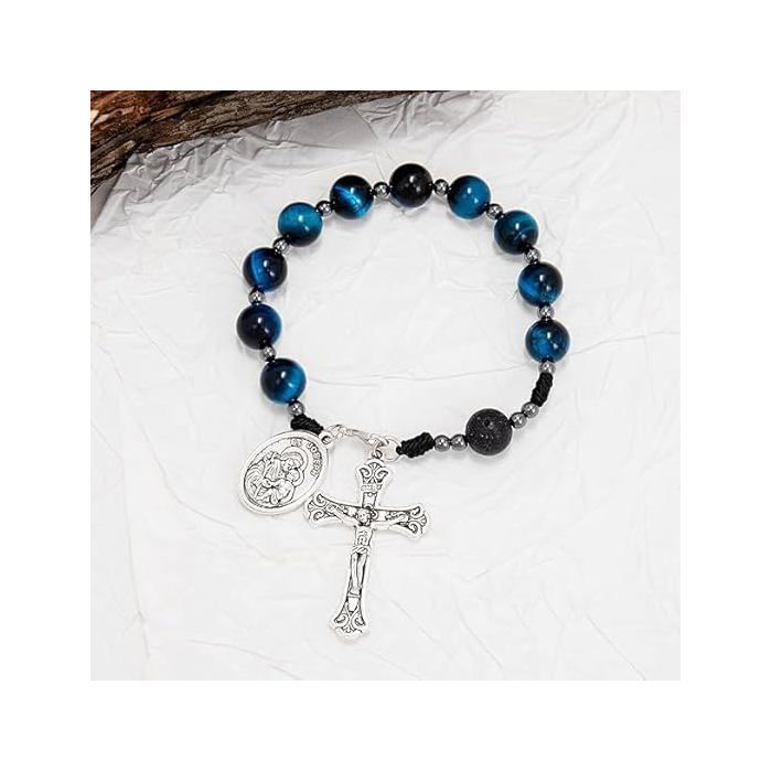 Nazareth Store Chapelet Perles Œil de Tigre Bleu Une Décade Fait Main Médaille Saint Joseph Croix Argent Antique Compact Prière