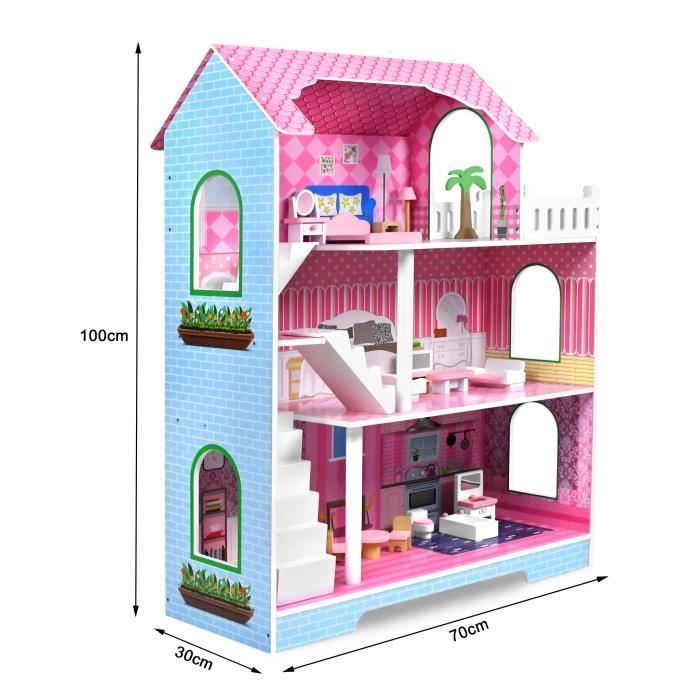 Maison de poupées - XMTECH - Modèle B - 3 étages - 15 meubles - 100x70x36 cm