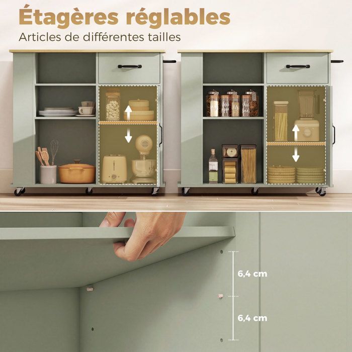 Carrito de cocina - HOMCOM - con ruedas - cajón, puerta, compartimentos abiertos y especiero - madera - 96,5 x 38 x 87 cm - verde