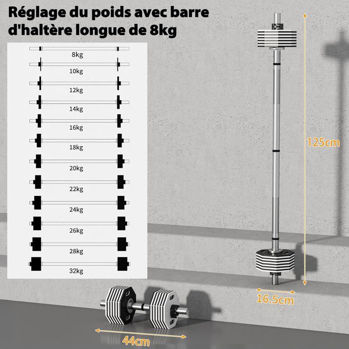 Manubrio a disco da 32 kg, manubrio regolabile semplice con barre, bilanciere e pesi, 1 barra per curl, 1 barra per bilanciere