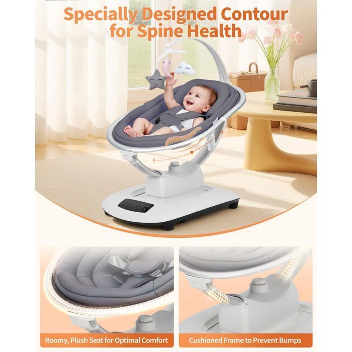 3 en 1 Balancelle Transat Bébé Électrique avec Télécommande,Table à manger,5 Modes balancement,Minuterie,Musique - Gris fonce
