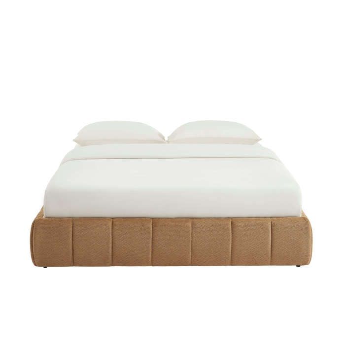 Cama con almacenamiento LAVINIA en tejido de chenilla color caramelo, 160x200 cm, base de láminas incluida - Marrón