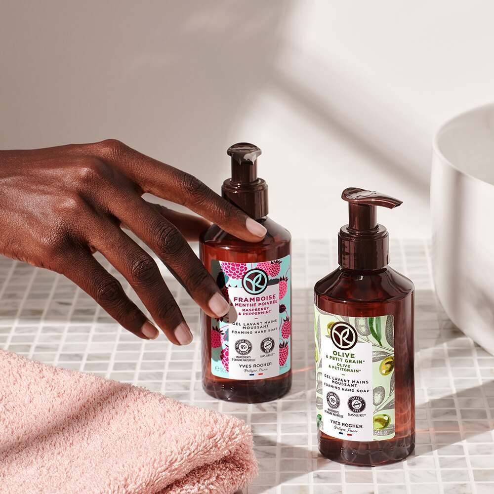 Gel de limpeza para as mãos com framboesa e hortelã-pimenta