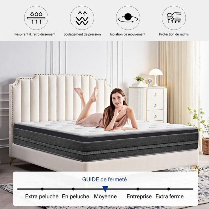 Colchón de 140x200 cm - 30 cm de grosor - Muelles ensacados - Espuma viscoelástica - Látex extra grueso - Firmeza firme - 10 zonas