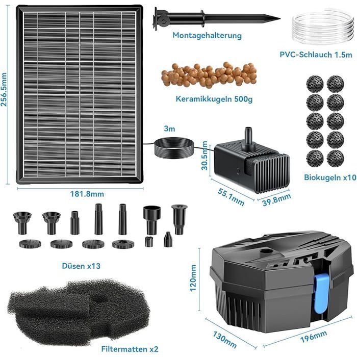 Fontaine solaire avec filtre de bassin - Fontaine solaire 8 W et batterie de secours de 3000 mAh - 8 modes de