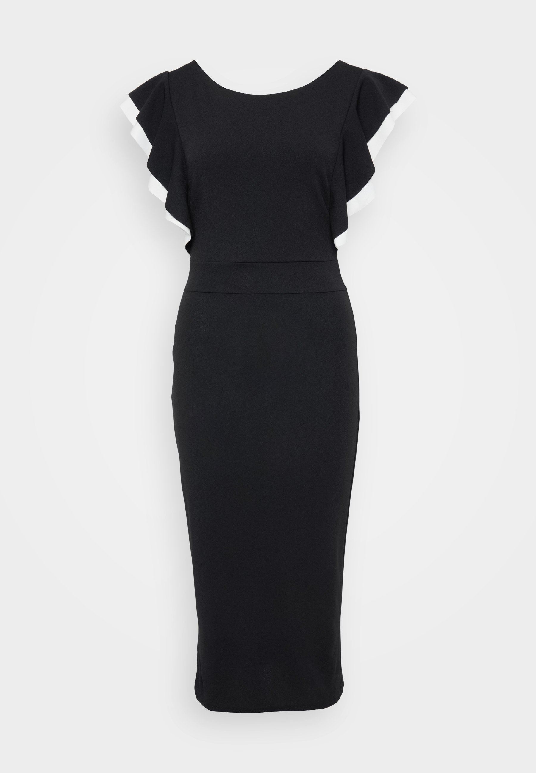 Sukienka midi Wal G z kontrastowymi rękawami i falbanką - Sukienka koktajlowa / Sukienka imprezowa - czarno-biała