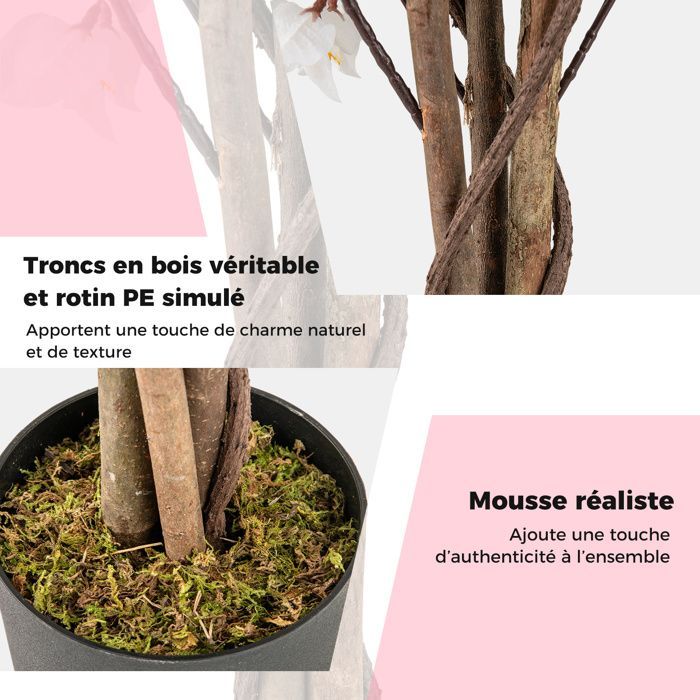 Arbre Artificielle Interieur Bougainvillier -RELAX4LIFE - Lot de 2 - 120CM - 360 Fleurs - 40 Feuilles - 3 Branches - 2 Rotins -Rose
