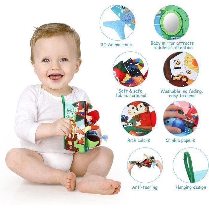 Montessori-Babyspielzeug für die frühe Lernphase 0-12 Monate, sensorisches Stoffbuchspielzeug mit Tieren und Spiegel (Dschungelwelt)