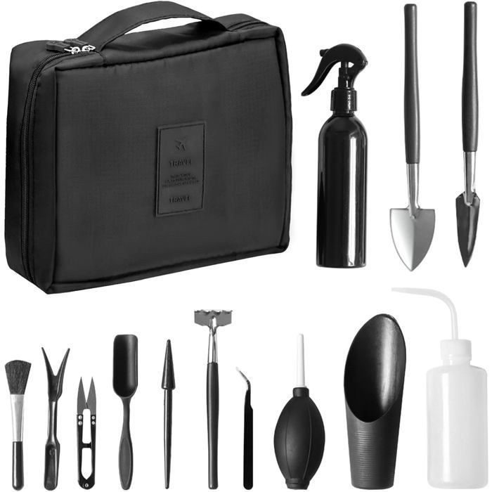 Kit di attrezzi per bonsai, mini attrezzi da giardinaggio per piante da interno, set di 13 pezzi in acciaio al carbonio con borsa per il trasporto.