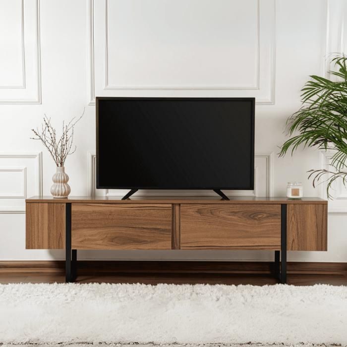 CALICOSY – TV-Möbel mit 2 Klapptüren, 180 cm breit – SERENITY – Walnuss/Schwarz