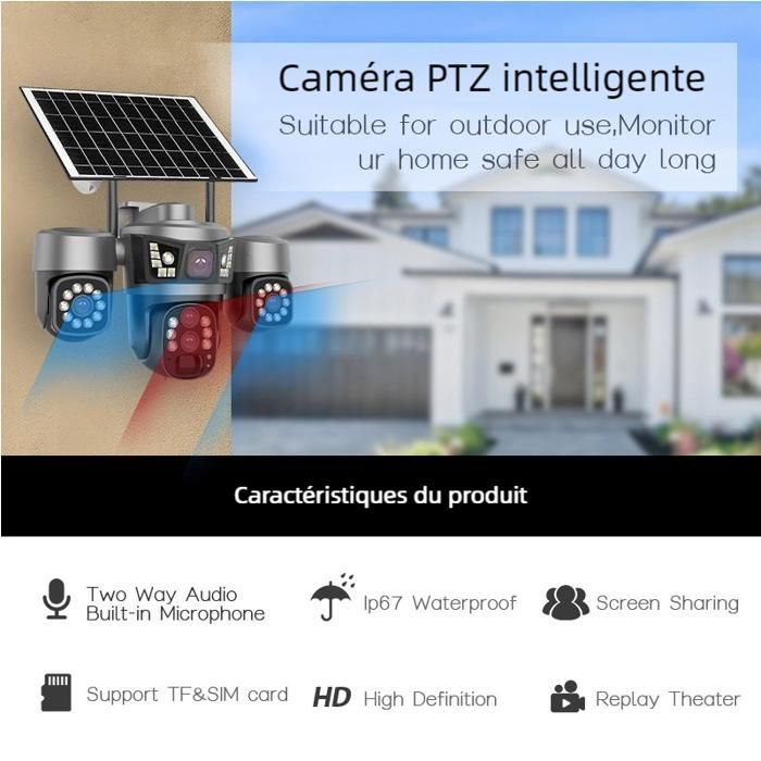 Caméra de surveillance 4G solaire 6MP PTZ à 3 objectifs, zoom optique 10X, vision nocturne etaudio bidirectionnel