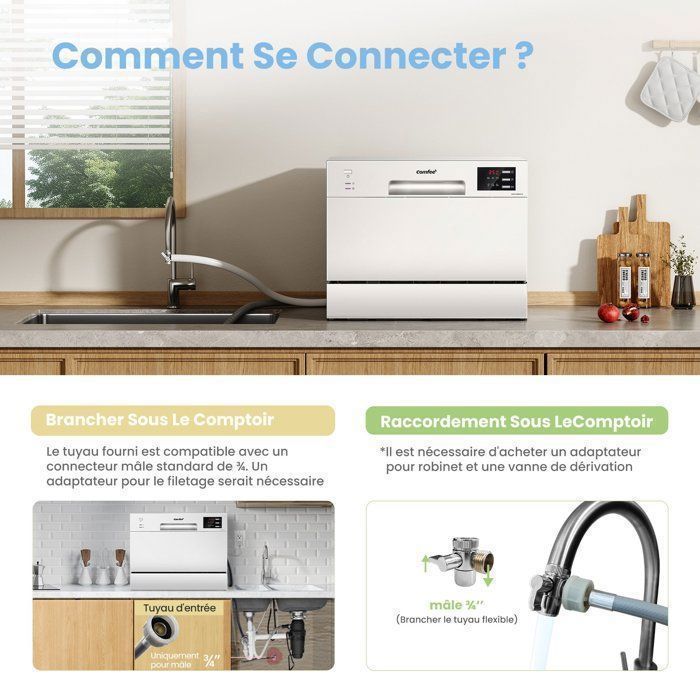 Comfee CDWTT602EWD Freestanding Dishwasher, 55cm Wide, 47dB, 6 Place Settings, 6 Programs, White LED Display, Energy Class D