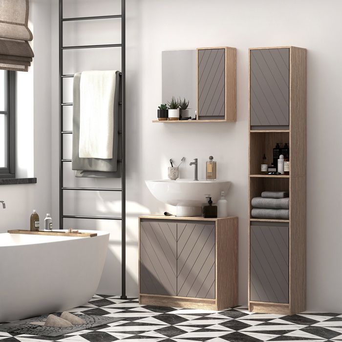 Badkamerkast - HOMCOM - 6 smalle opbergplanken, 2 deuren, 2 vakken - hout - 30x24x170cm - eikengrijs