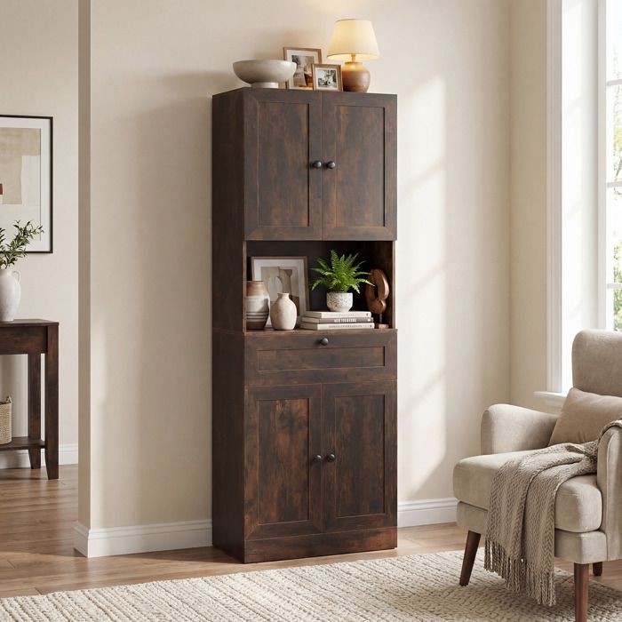 GIANTEX Tall Bathroom Cabinet, Adjustable Shelves, Multi-Purpose Furniture for Kitchen, Living Room, Laundry Room, Rustic Brown