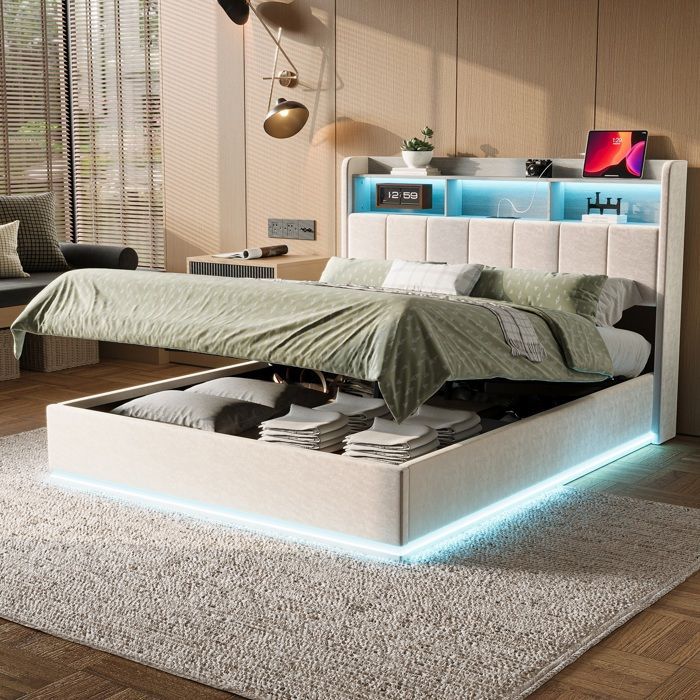 Cama doble con almacenamiento de 160 x 200 cm, base de láminas, estructura de cama, LED regulable, carga USB, blanca, terciopelo.