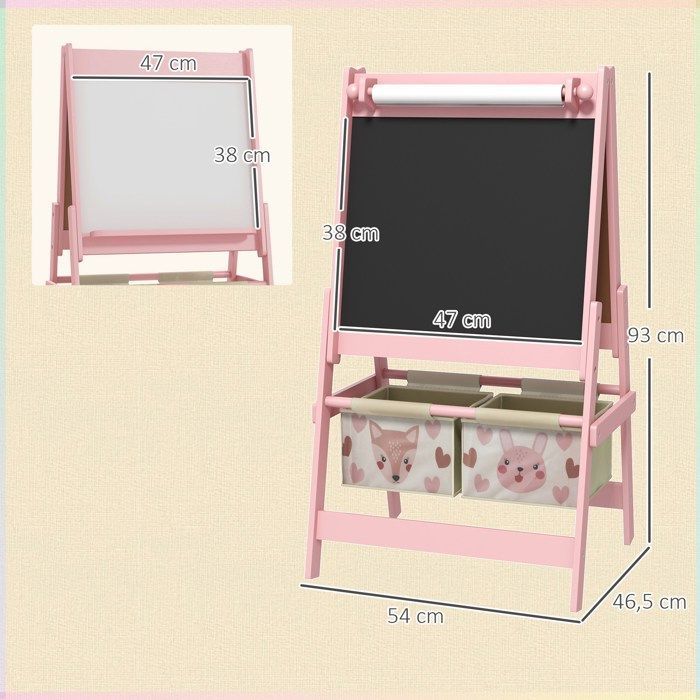 Tableau chevalet enfant - AIYAPLAY - double face - tableau blanc - tableau à craie rouleau papier - 2 paniers - rose