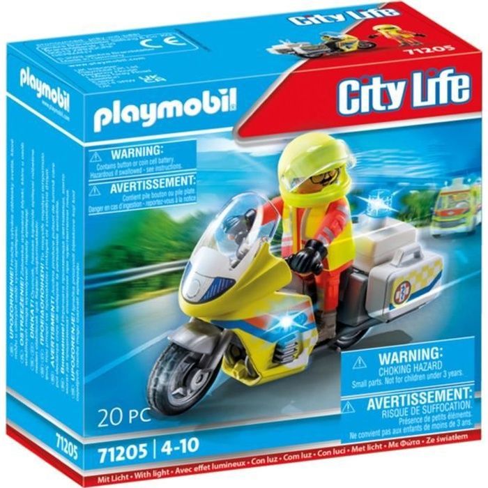 PLAYMOBIL 71205 Emergency Medical Technician with Motorcycle, City Action Rescue Team, Light Effect, 20 Pieces, Ages 4+
