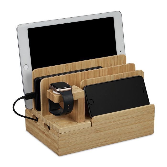 Relaxdays Charging Station, Smartwatch, Bamboo, HxWxD: 15 x 21.5 x 15 cm, Stand, Tabletop, Natural