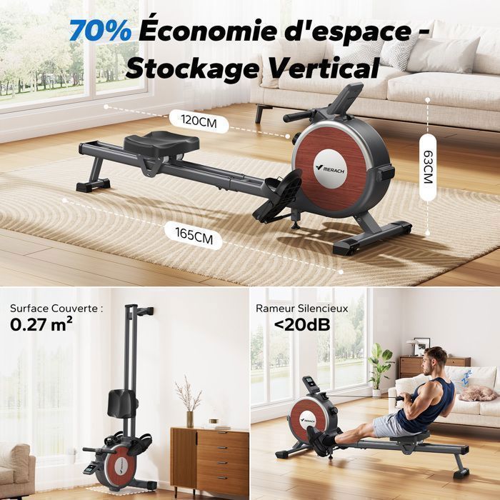 Rameur d'appartement – MERACH - 16 Niveaux de Résistance magnétique - Max 160 kg - Écran LCD - Compatible Kinomap – Gris foncé