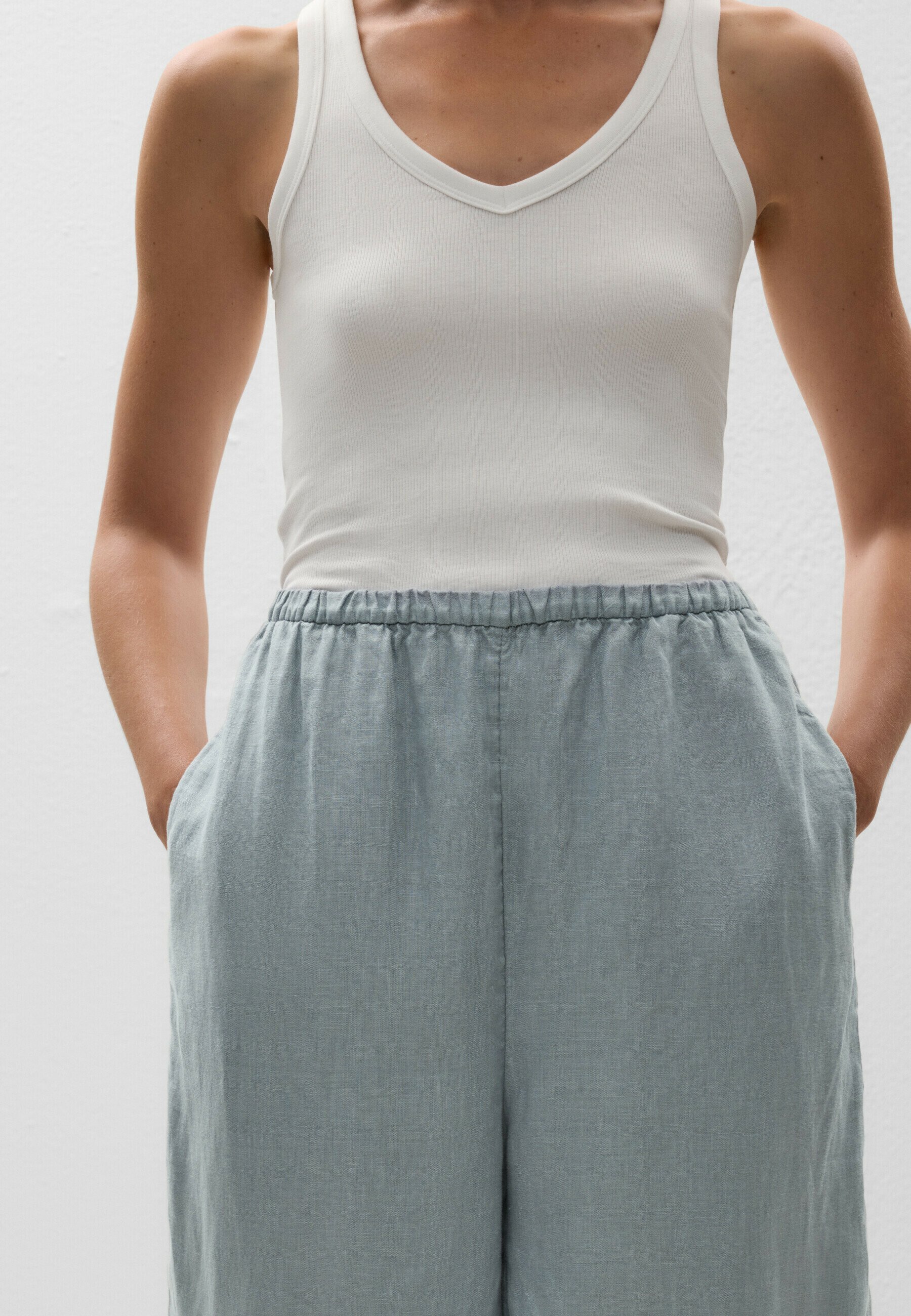 OYSHO LINNEN TRAP MET AFGERONDE SPLITS - Broek - blauwgrijs