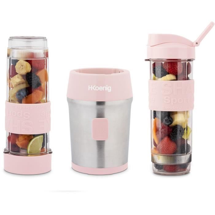 Mini blender - H.KOENIG - SMOO12 - 300 W - 570 mL - Rose pastel - 2 gourdes incluses - Sans BPA