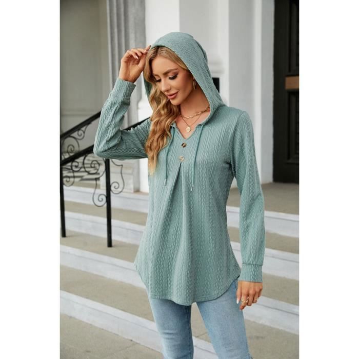 Sweat A Capuche Femme Automne Col V En Tricot - INSFITY - Vert fonce - Manches Longues - Col capuche