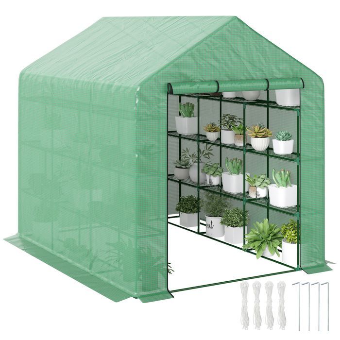 Serre de jardin - Outsunny - étagères 3 niveaux - porte enroulable - bâche PE renforcée, tube en acier - 244 x 180 x 210 cm - vert