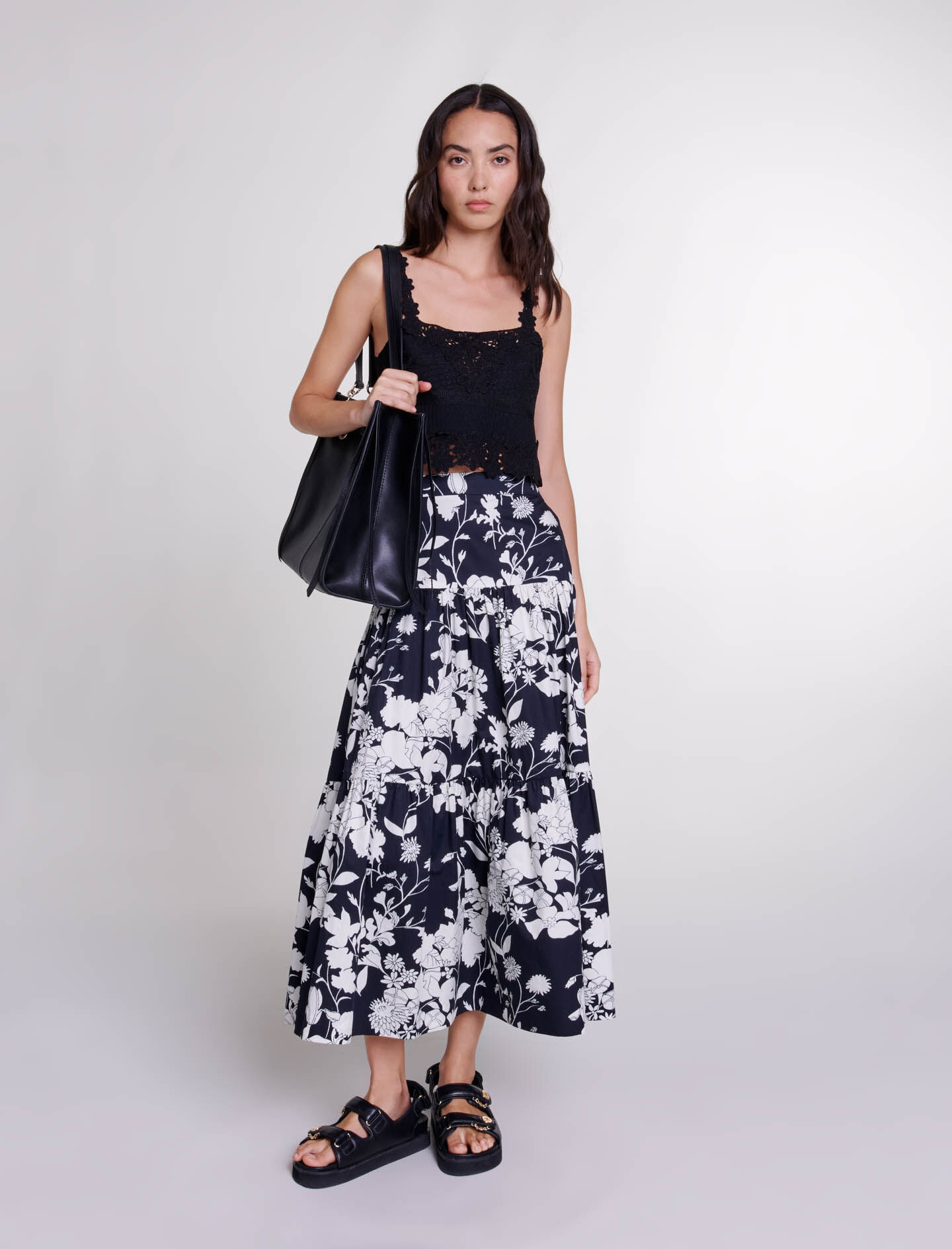 Lange rok met bloemenprint - Bloemenprint écru noir