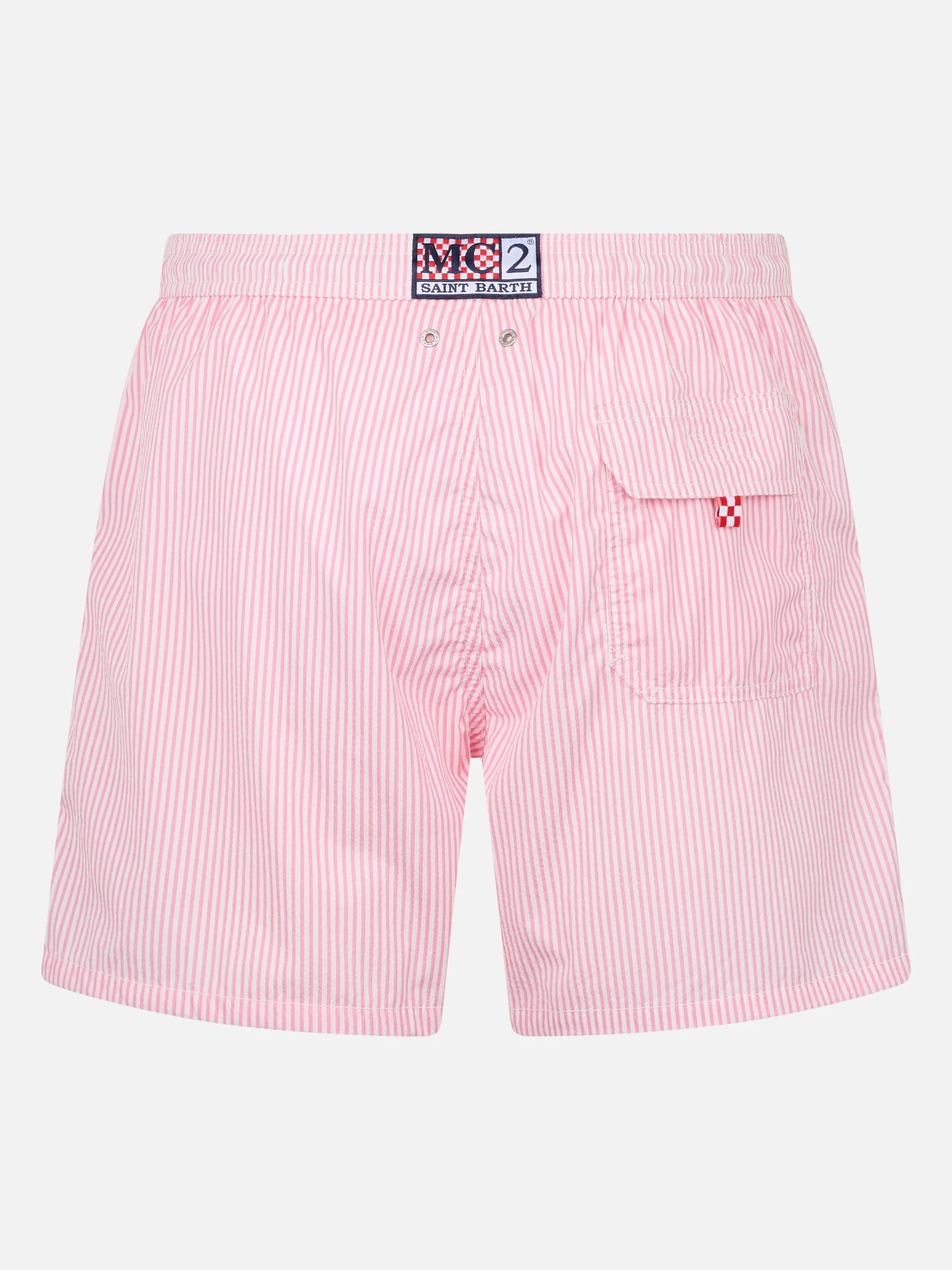 Patmos Classic Leichter Badeanzug aus rosa gestreiftem Seersucker