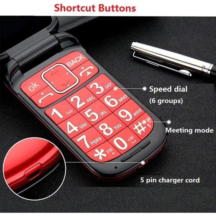 Seniorentelefoon voor ouderen, dubbel LCD-scherm met grote knoppen | SOS-knop - Rood
