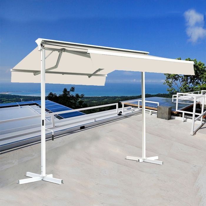 Stores bannes de terrasse double pente avec coffre sur pied - 4 x 4 m - Écru