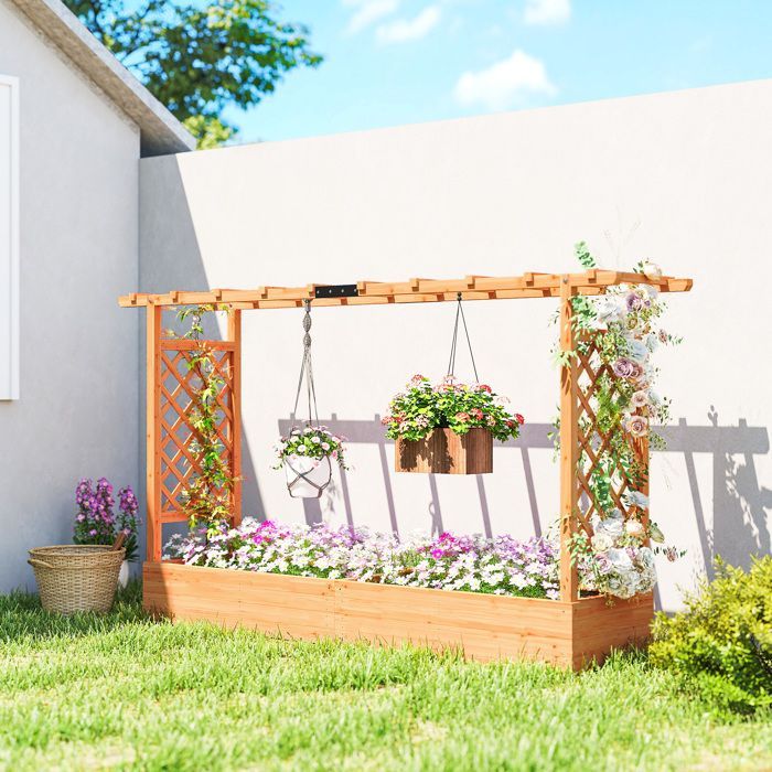 Macetero elevado Outsunny con celosía lateral y superior y orificios de drenaje para plantas trepadoras. Madera natural.