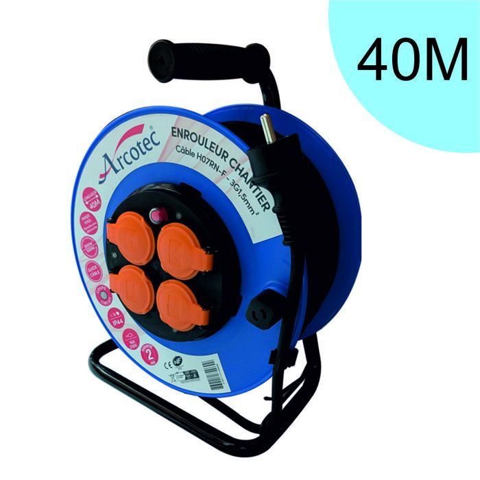 PRO construction site cable reel 3G1.5 40m IP44 fixed plate (anti-twist) - H07RN-F cable - 4 x 16A sockets - 2-year warranty